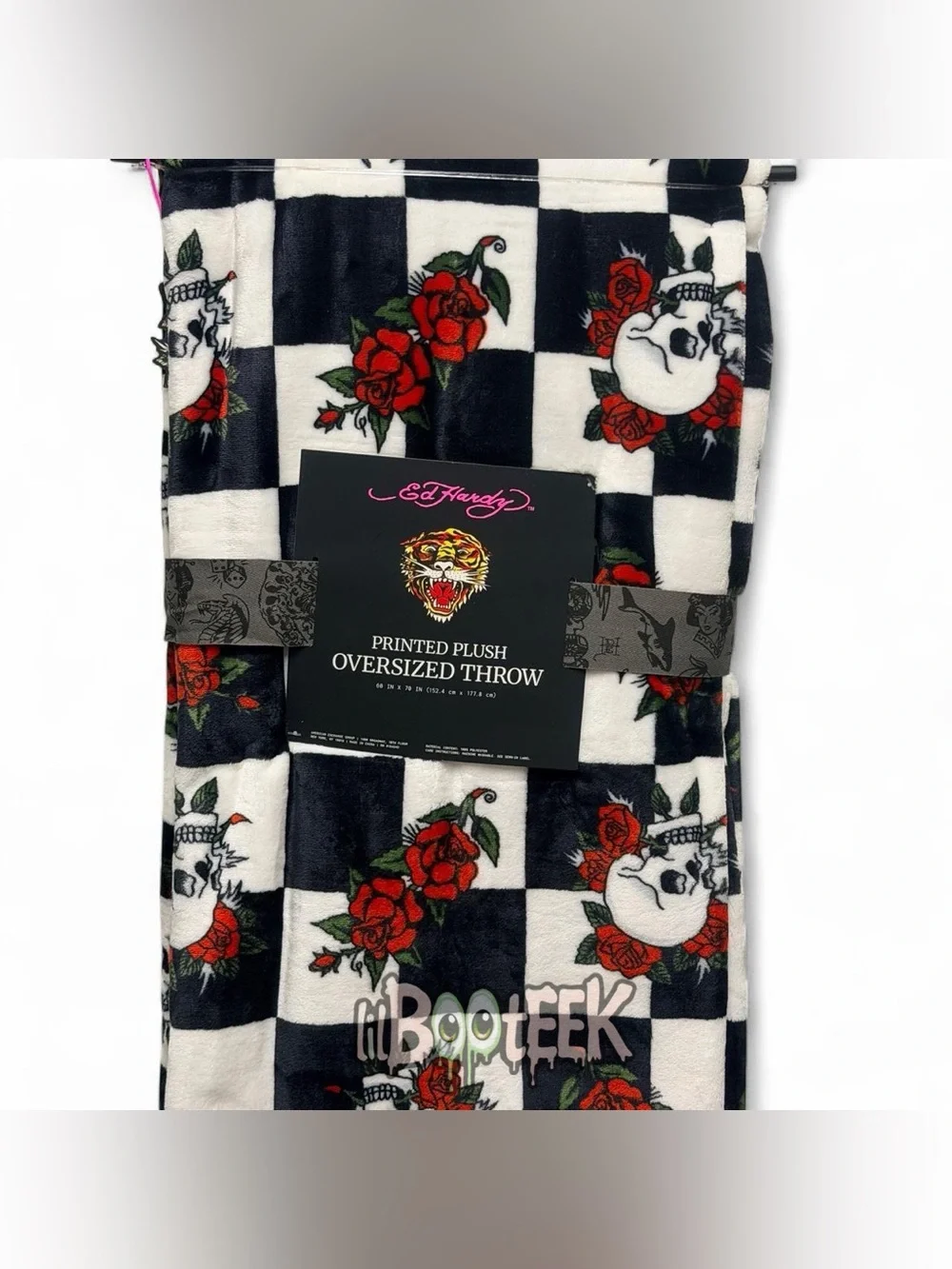 Ed Hardy Black & White Checkered Skull Rose Plush Oversized Throw Blanket